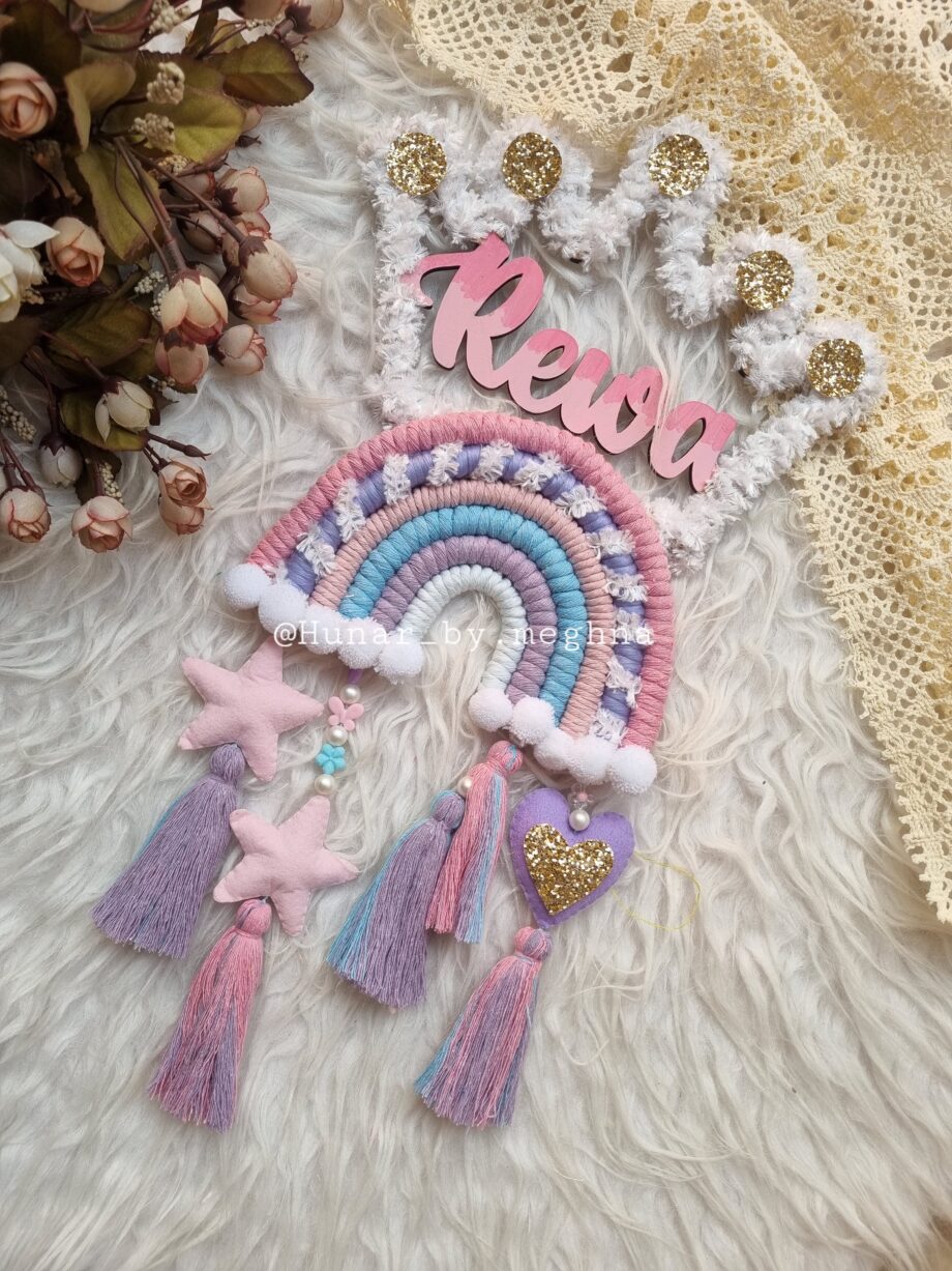 macrame rainbow with crown wooden name hanging for kids room decor name plate personalzied gift in unicorn colors