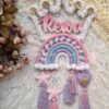 macrame rainbow with crown wooden name hanging for kids room decor name plate personalzied gift in unicorn colors