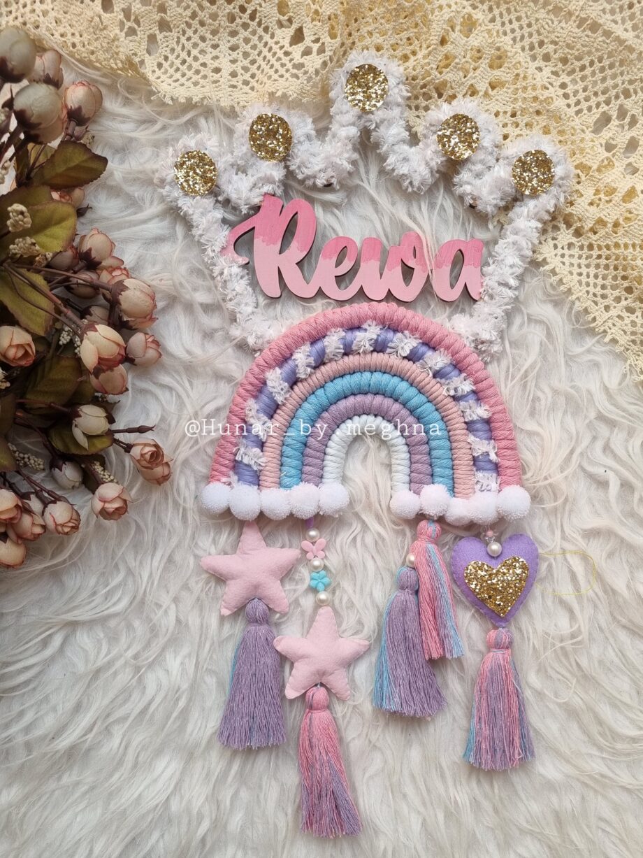 macrame rainbow with crown wooden name hanging for kids room decor name plate personalzied gift in unicorn colors