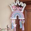 macrame rainbow with crown wooden name hanging for kids room decor name plate personalzied gift in unicorn colors
