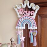 macrame rainbow with crown wooden name hanging for kids room decor name plate personalzied gift in unicorn colors