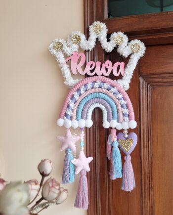 macrame rainbow with crown wooden name hanging for kids room decor name plate personalzied gift in unicorn colors