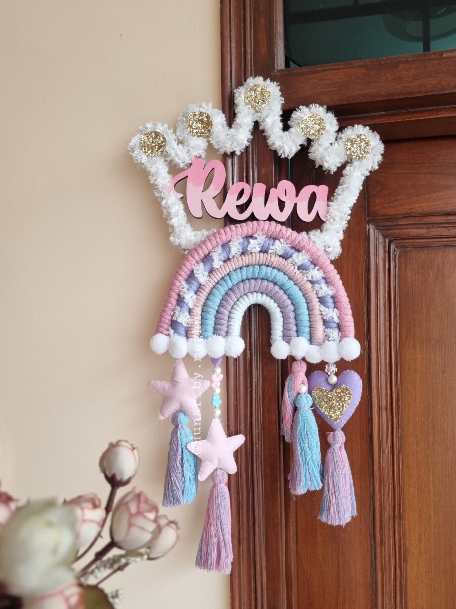 macrame rainbow with crown wooden name hanging for kids room decor name plate personalzied gift in unicorn colors