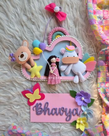 macrame doll and felt unicorn teddy name plate with wooden cloud and name plank in pretty pink color for nursery decor and kids room decor