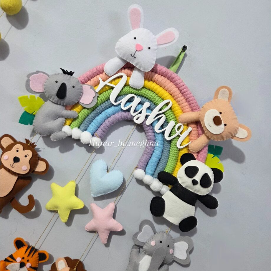 handcrafted handstitched name hanging with plushy animals for kids room decor and personalized gifting