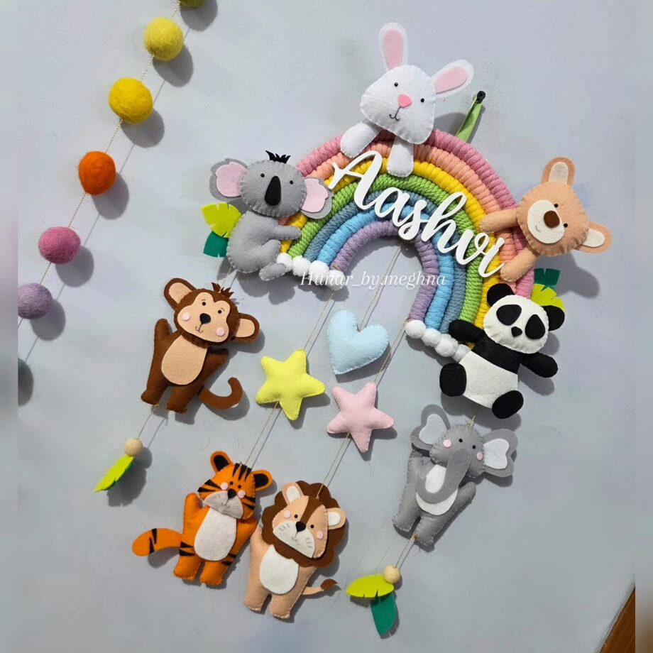 pastel macrame rainbow with cute felt animals and name for personalized decor