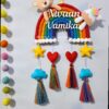 macrame rainbow handcrafted siblings name plate with unicorn and teddy in felt with plushy hearts, stars and clouds