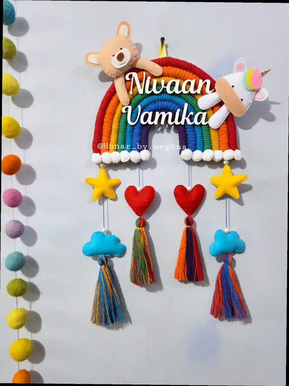 macrame rainbow handcrafted siblings name plate with unicorn and teddy in felt with plushy hearts, stars and clouds