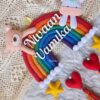 macrame rainbow handcrafted siblings name plate with unicorn and teddy in felt with plushy hearts, stars and clouds
