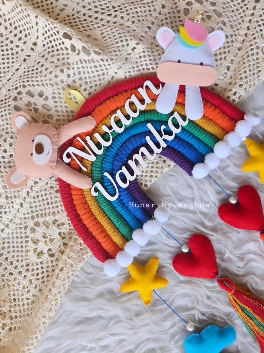 macrame rainbow handcrafted siblings name plate with unicorn and teddy in felt with plushy hearts, stars and clouds