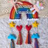 macrame rainbow handcrafted siblings name plate with unicorn and teddy in felt with plushy hearts, stars and clouds