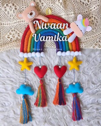 macrame rainbow handcrafted siblings name plate with unicorn and teddy in felt with plushy hearts, stars and clouds