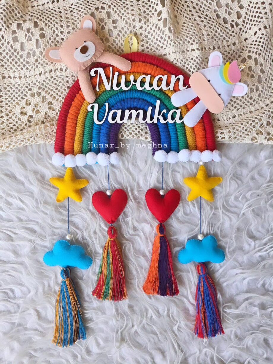 macrame rainbow handcrafted siblings name plate with unicorn and teddy in felt with plushy hearts, stars and clouds