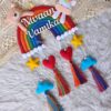 macrame rainbow handcrafted siblings name plate with unicorn and teddy in felt