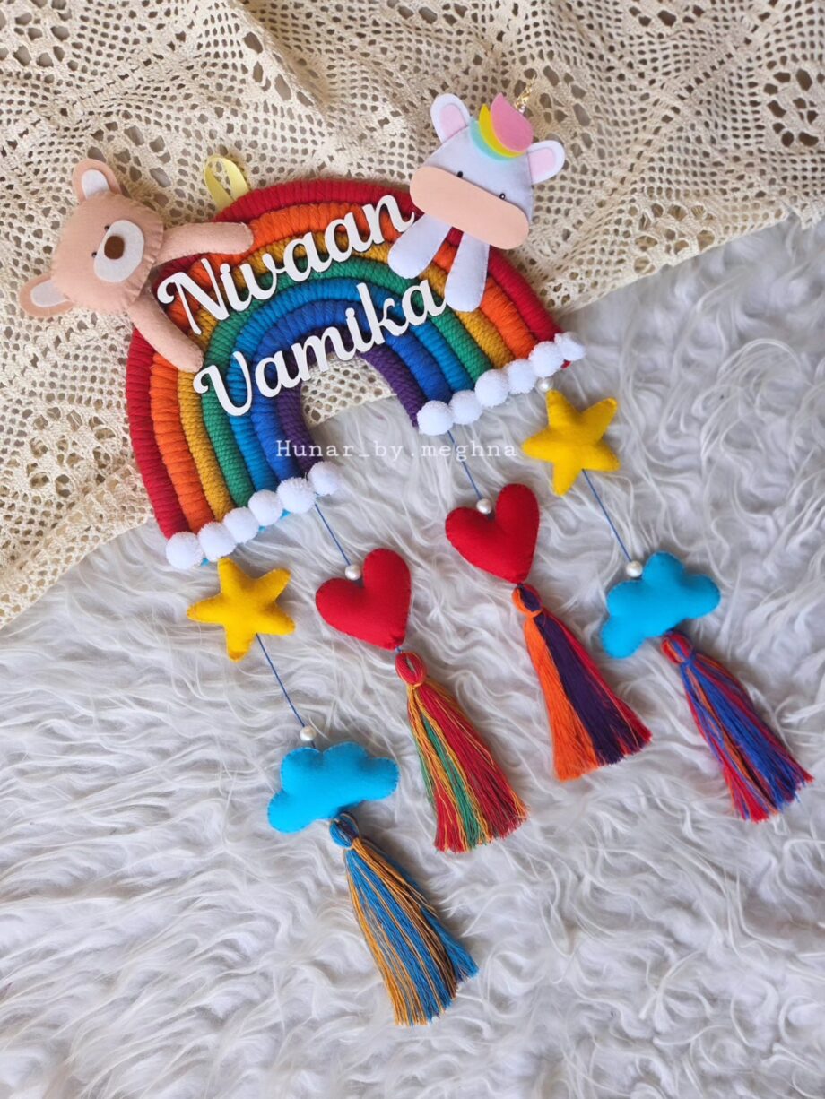 macrame rainbow handcrafted siblings name plate with unicorn and teddy in felt