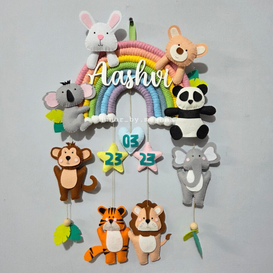 handcrafted handstitched name hanging with plushy animals for kids room decor and personalized gifting