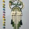 Mossy green pallet rainbow macrame name hanging for kids room decor and personalized gift with birth stats details