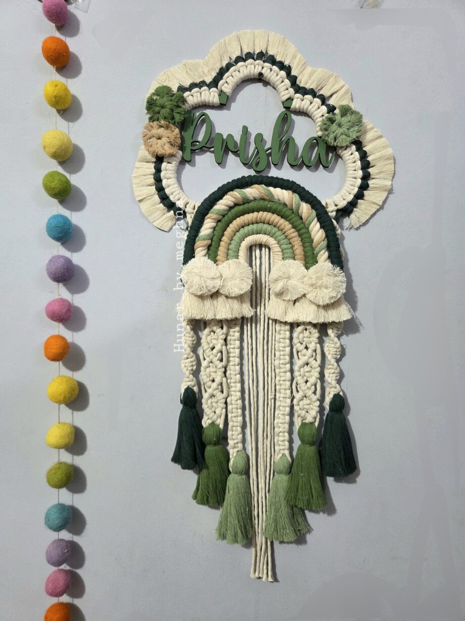 Mossy green pallet rainbow macrame name hanging for kids room decor and personalized gift with birth stats details