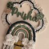 Mossy green pallet rainbow macrame name hanging for kids room decor and personalized gift with birth stats details