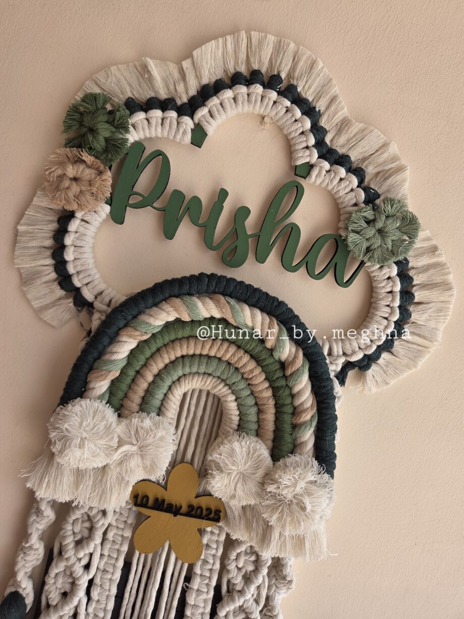 Mossy green pallet rainbow macrame name hanging for kids room decor and personalized gift with birth stats details