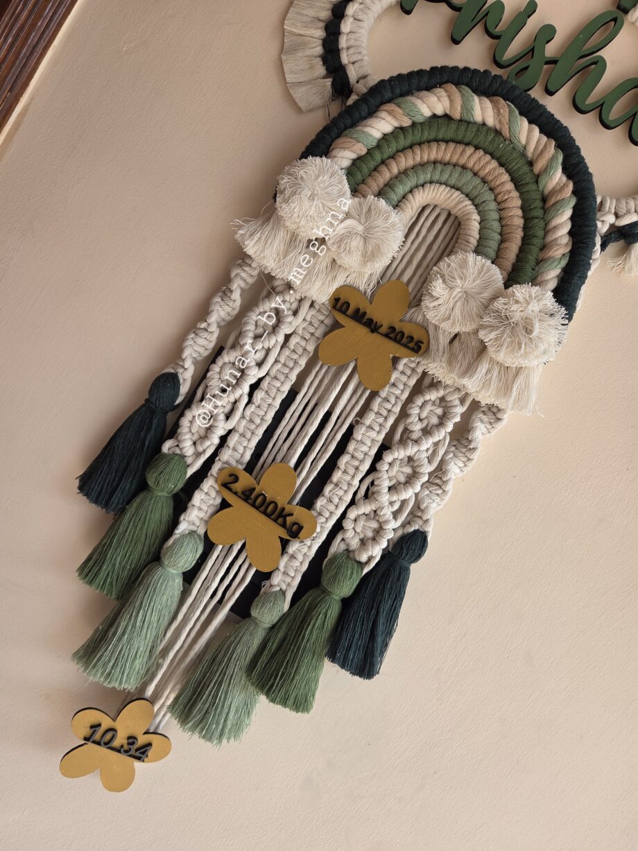 Mossy green pallet rainbow macrame name hanging for kids room decor and personalized gift with birth stats details