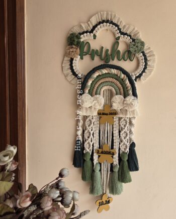 Mossy green pallet rainbow macrame name hanging for kids room decor and personalized gift with birth stats details
