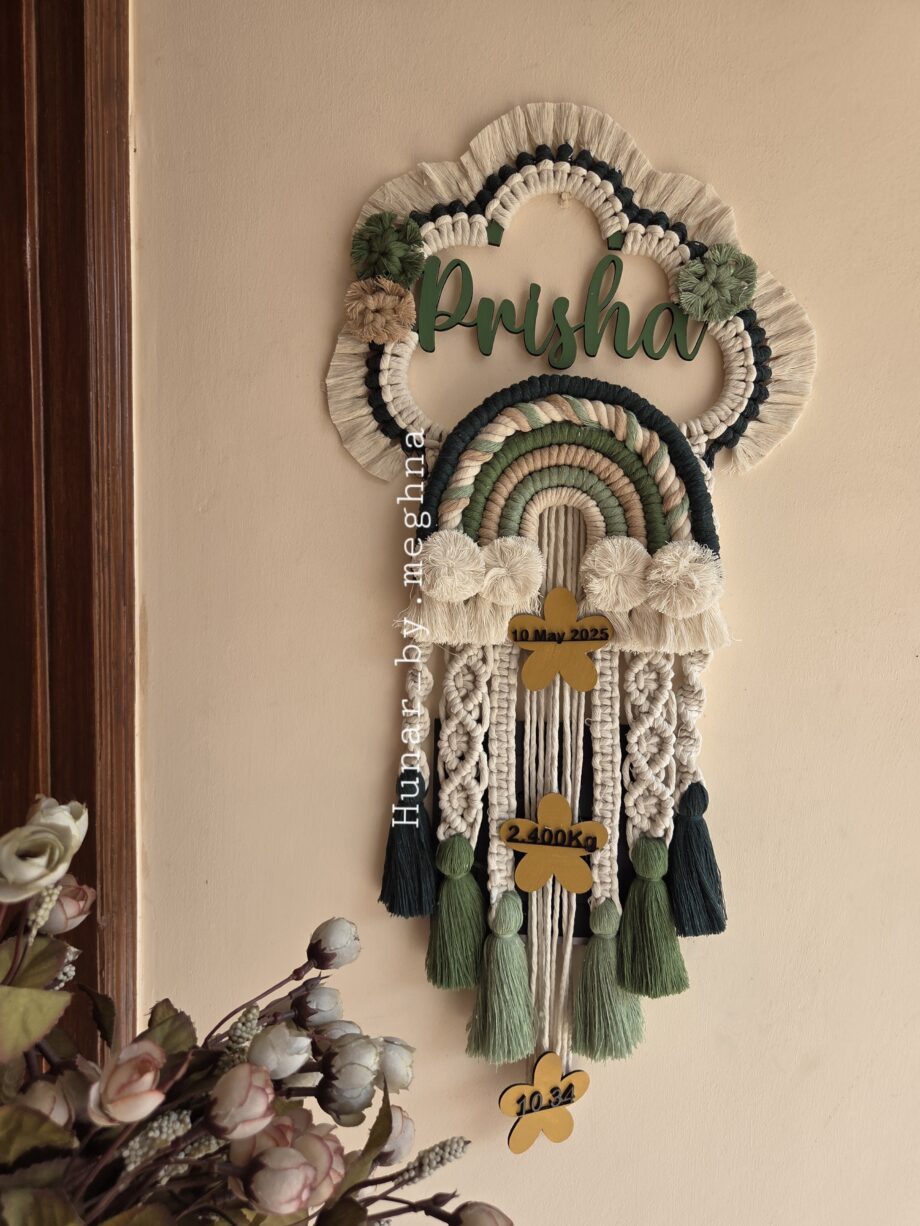Mossy green pallet rainbow macrame name hanging for kids room decor and personalized gift with birth stats details