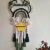 Mossy green pallet rainbow macrame name hanging for kids room decor and personalized gift with birth stats details