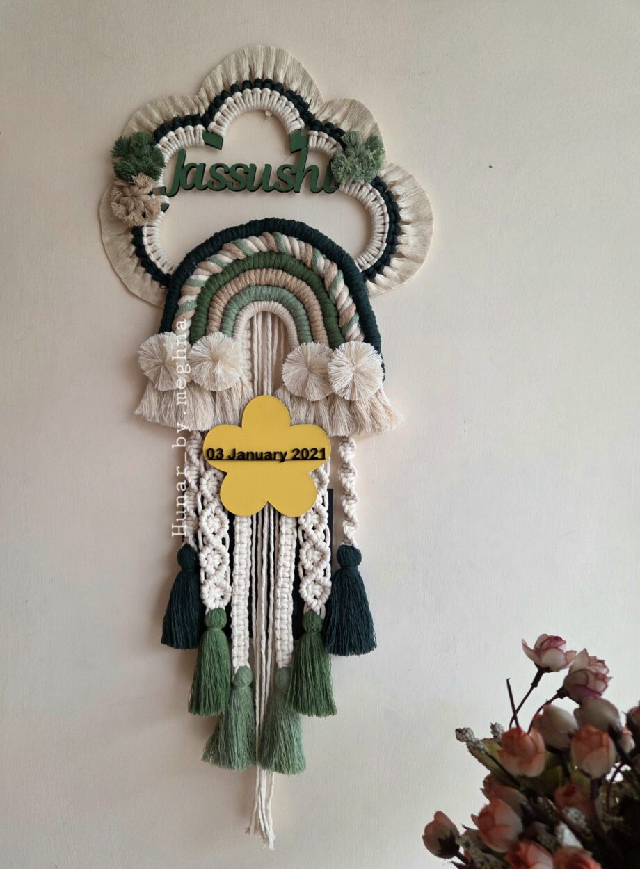 Mossy green pallet rainbow macrame name hanging for kids room decor and personalized gift with birth stats details