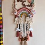 macrame earthy name hanging for kids room decor with rainbow, teddy and unicorn and pretty tassles