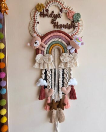 macrame earthy name hanging for kids room decor with rainbow, teddy and unicorn and pretty tassles