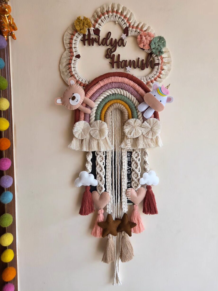 macrame earthy name hanging for kids room decor with rainbow, teddy and unicorn and pretty tassles
